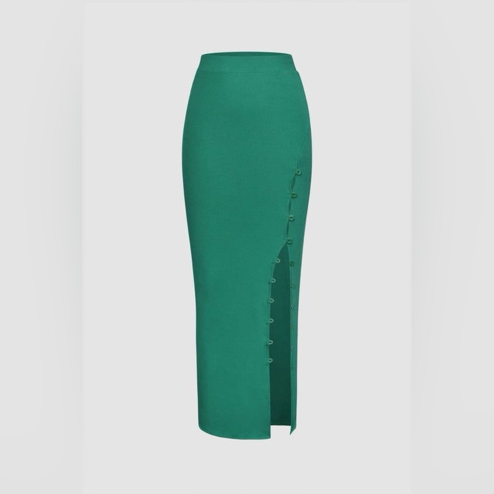 Micas Emerald Green Ribbed Midi Skirt Sz M | Side Button Slit | VGUC
